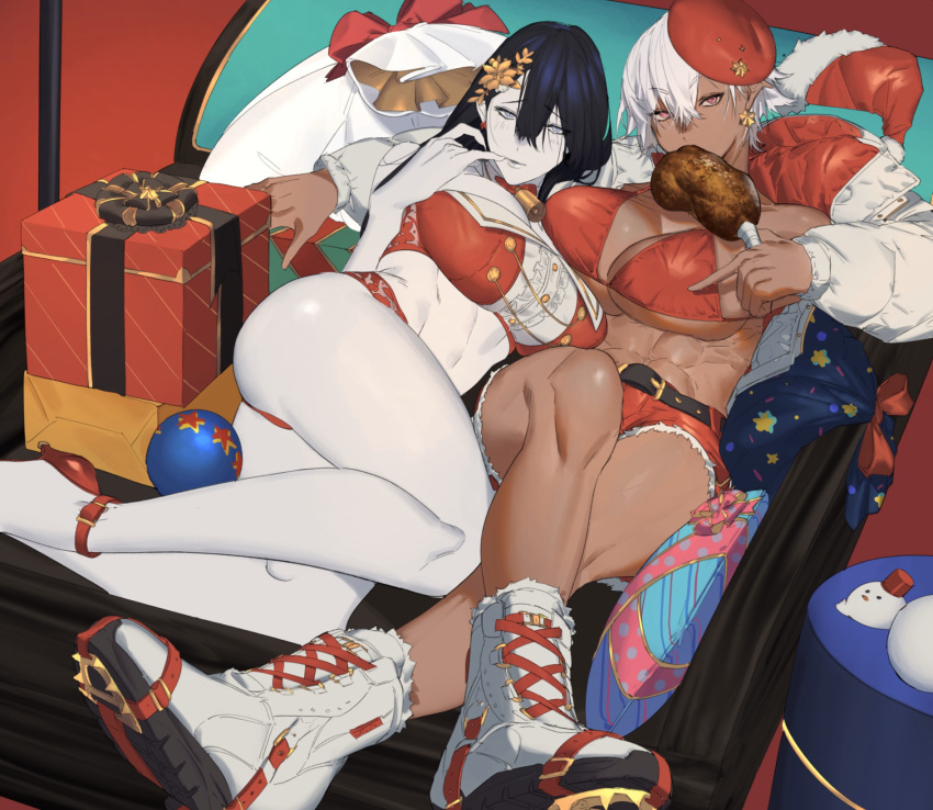 2girls, abs, ass, bare_shoulders, belt, black_hair, blue_eyes, bow