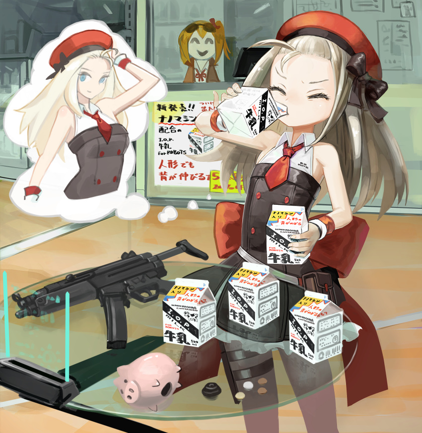 1girl, belt_pouch, beret, blonde_hair, blue_eyes, bow, closed_eyes, coin
