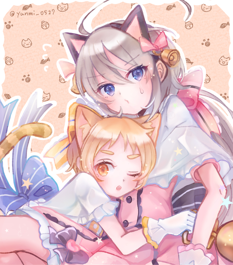 2girls, animal_ears, blonde_hair, cat_ears, grey_hair, hair_ribbon, long_hair, matsuri_(naruto), multiple_girls, princess_connect!, princess_connect!_re:dive, ribbon, short_hair, tomoe_(last_origin), yunmi_0527