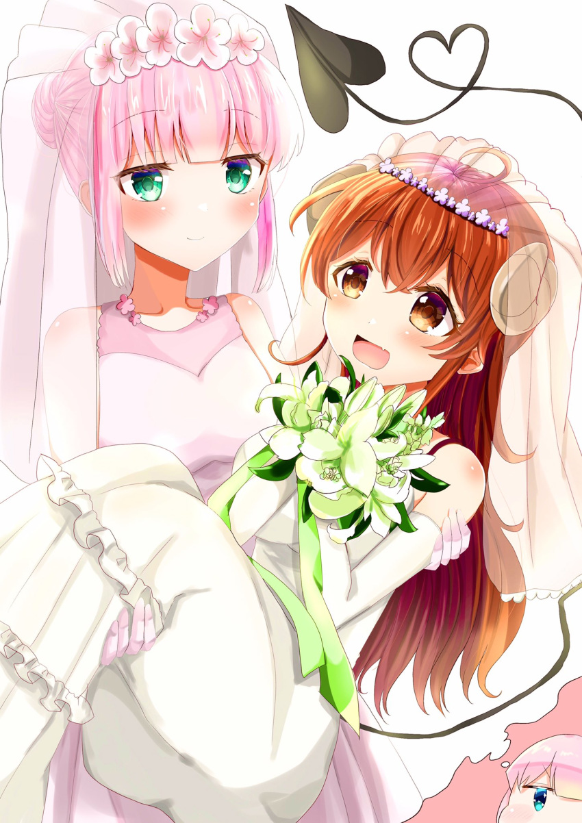2girls, ahoge, blush, bridal_veil, brown_eyes, carrying, chinami_ura, chiyoda_momo