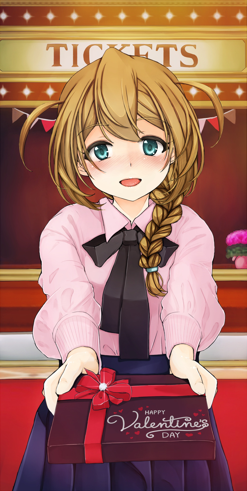 1girl, absurdres, aqua_eyes, baba_konomi, black_ribbon, blush, braid, brown_hair, commentary_request, d-tomoyo, gift, giving, hair_over_eyes, highres, idolmaster, idolmaster_million_live!, incoming_gift, long_hair, long_sleeves, looking_at_viewer, neck_ribbon, open_mouth, outstretched_arms, pink_sweater, pleated_skirt, ribbon, single_braid, skirt, sweater, tied_hair, valentine