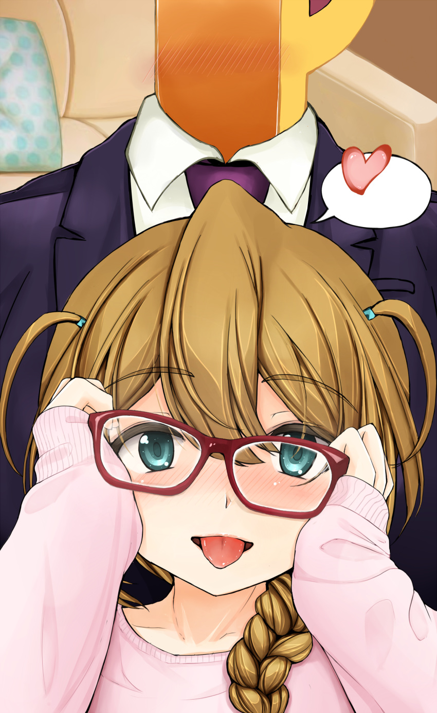 1girl, absurdres, aqua_eyes, baba_konomi, blush, braid, brown_hair, close-up, commentary_request, couch, d-tomoyo, eyebrows_visible_through_hair, formal, glasses, hair_over_eyes, highres, idolmaster, idolmaster_million_live!, long_hair, long_sleeves, looking_at_viewer, necktie, p-head_producer, pink_sweater, shirt, single_braid, sleeves_past_wrists, suit, sweater, tongue, tongue_out, white_shirt