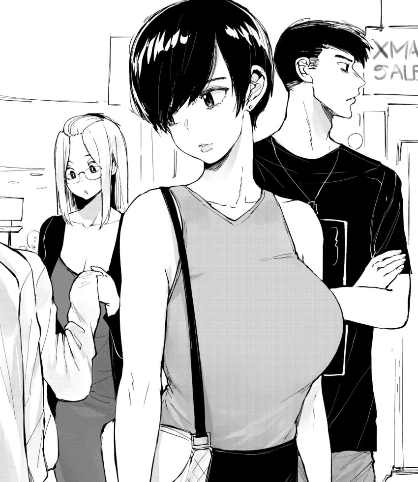 1boy, 2girls, bag, bangs_pinned_back, commentary, crossed_arms, english_commentary, glasses, greyscale, handbag, highres, inne_sulistya_robin, long_hair, looking_away, monochrome, multiple_girls, norman_maggot, olive_laurentia, original, pixie_cut, shirt, shop, shopping, short_hair, sigit_martinus, sleeveless, sleeveless_shirt
