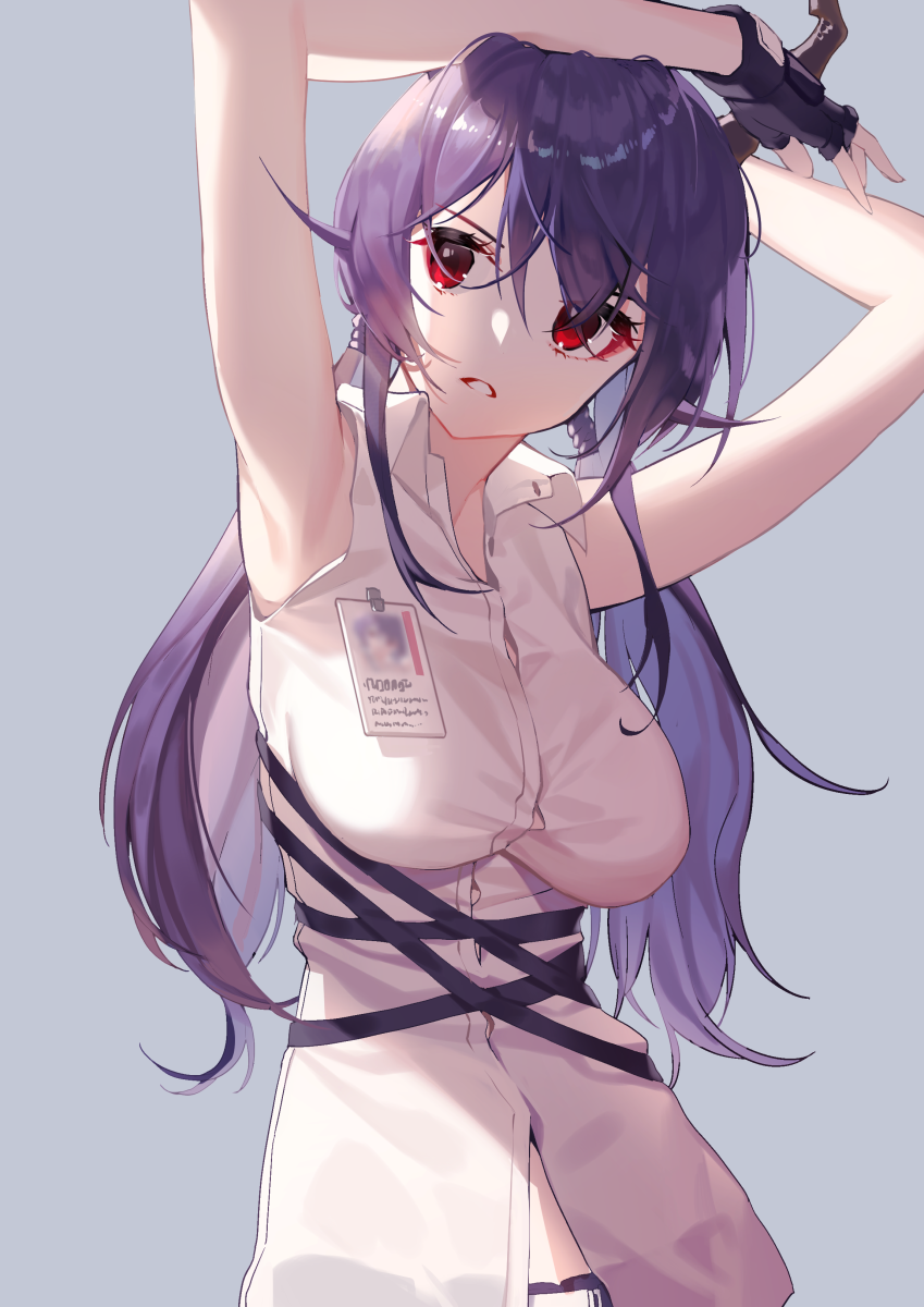 arknights, armpits, arms_up, bangs, black_gloves, breasts, ch'en_(arknights), fingerless_gloves