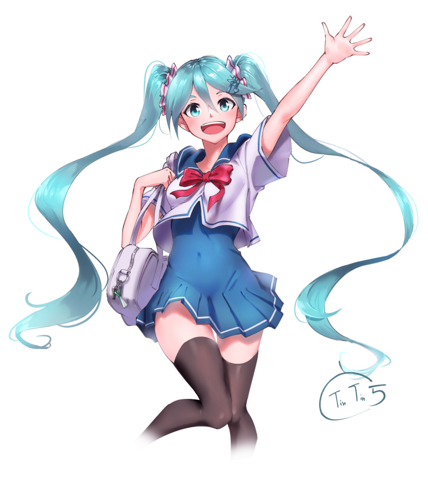 1girl, absurdres, aqua_eyes, aqua_hair, black_legwear, blush, detached_sleeves, drawing, hair_ornament, hatsune_miku, highres, holding, long_hair, open_mouth, school_uniform, skirt, solo, thigh-highs, thinny062541, twintails, very_long_hair, vocaloid