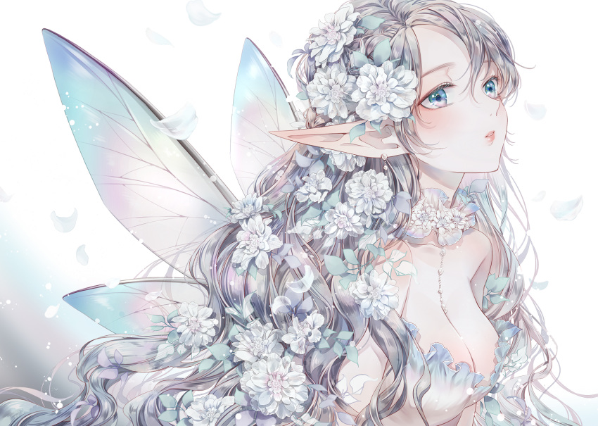 1girl, blue_eyes, blush, butterfly_wings, dekitani, dress, fairy, fairy_wings, flower, grey_hair, hair_flower, hair_ornament, highres, holding, lips, long_hair, original, pointy_ears, solo, standing, very_long_hair, wings