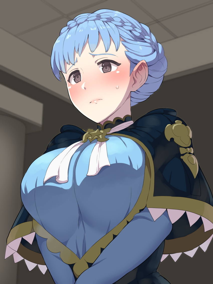 1girl, bangs, black_capelet, blue_dress, blue_hair, blush, boris_(noborhys), braid