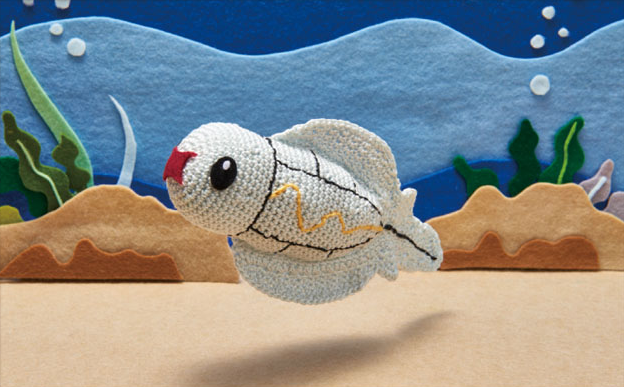 amigurumi_(medium), asako_ito, black_eyes, commentary, creature, english_commentary, fish, fish_focus