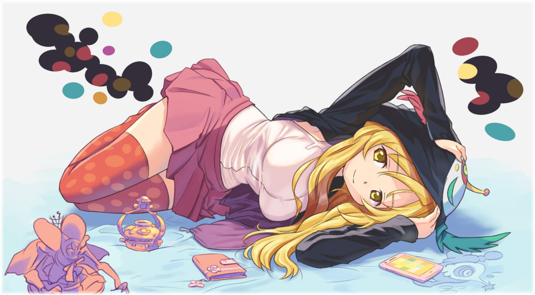 1girl, beret, black_legwear, blonde_hair, blush, breasts, hair_ornament, hairpin, hat, huge_breasts, kaineri, large_breasts, long_hair, mahou_shoujo_madoka_magica, pleated_skirt, skirt, solo, thigh-highs, tomoe_mami, yellow_eyes