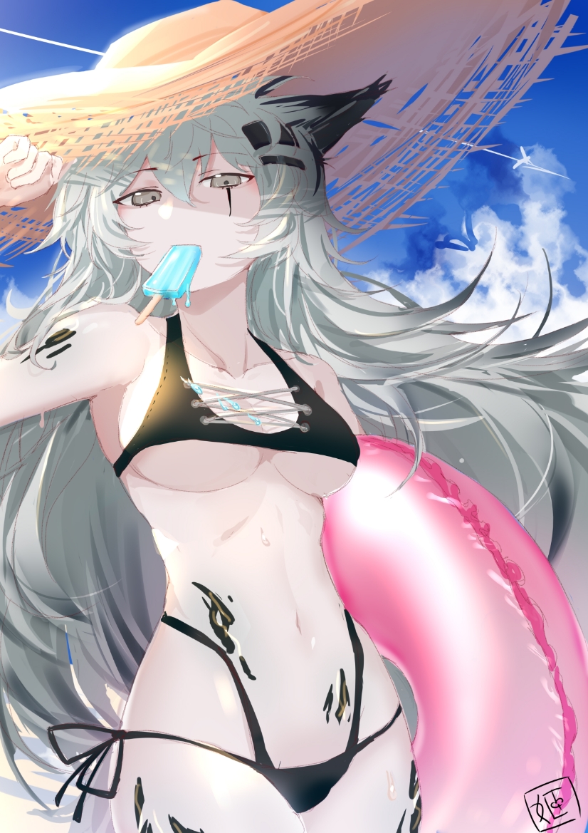 1girl, animal_ears, arknights, arm_up, armpits, bare_shoulders, bikini, black_bikini, breasts, brown_eyes, clouds, collarbone, cowboy_shot, food, grey_hair, hat, highleg, highleg_bikini, innertube, lappland_(arknights), long_hair, looking_at_viewer, medium_breasts, mouth_hold, multi-strapped_bikini, navel, originium_(arknights), popsicle, shibuya_(kurokamishain), side-tie_bikini, sky, solo, stomach, straw_hat, swimsuit, under_boob, very_long_hair, wolf_ears
