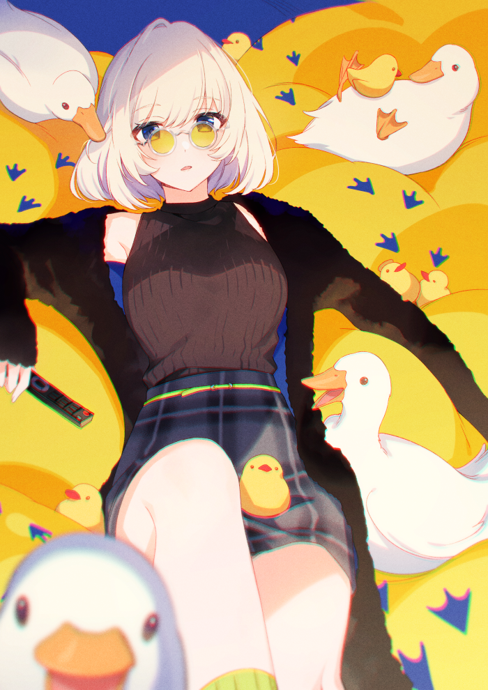 1girl, animal, armpits, bare_shoulders, bird, black_jacket, black_sweater, blue_eyes