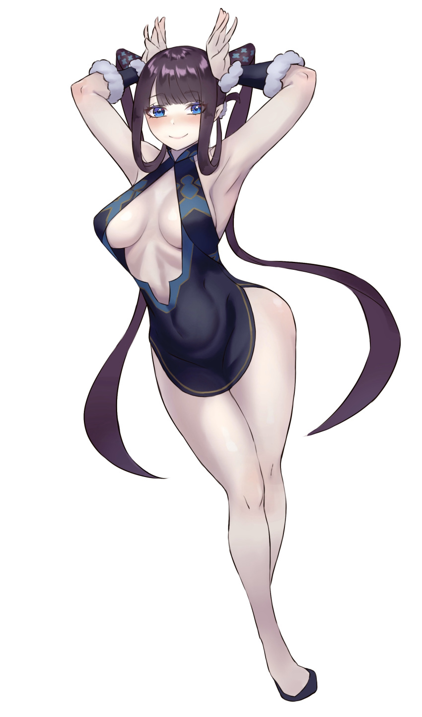 1girl, absurdres, armpits, arms_up, bangs, bare_shoulders, black_dress, black_footwear, blue_eyes, blunt_bangs, blush, breasts, center_opening, china_dress, chinese_clothes, closed_mouth, covered_navel, detached_sleeves, dress, fate/grand_order, fate_(series), freddy_(pixiv30729500), full_body, hair_ornament, highres, large_breasts, legs, long_hair, looking_at_viewer, purple_hair, short_dress, side_slit, sidelocks, simple_background, smile, solo, twintails, very_long_hair, white_background, yang_guifei_(fate/grand_order)