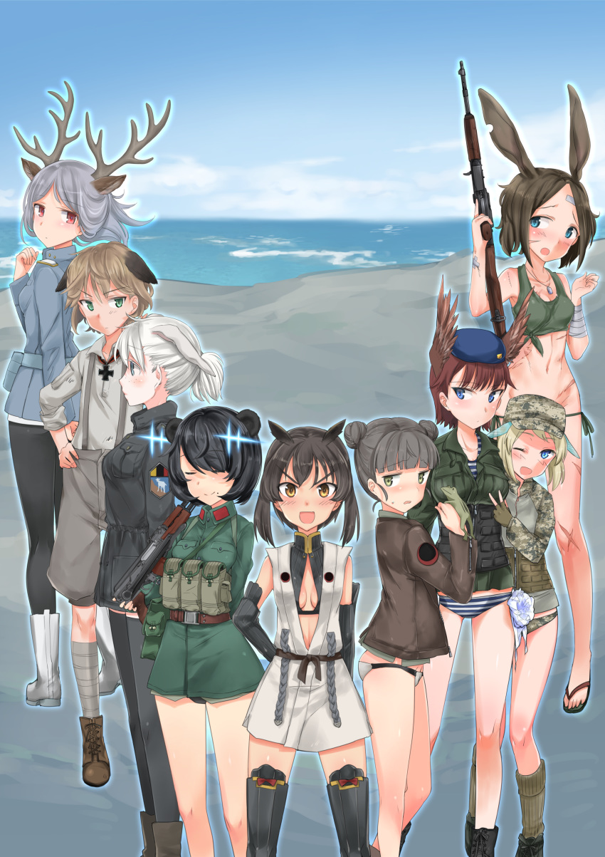 6+girls, :d, ;d, absurdres, animal_ears, antlers, aohashi_ame, arms_behind_back