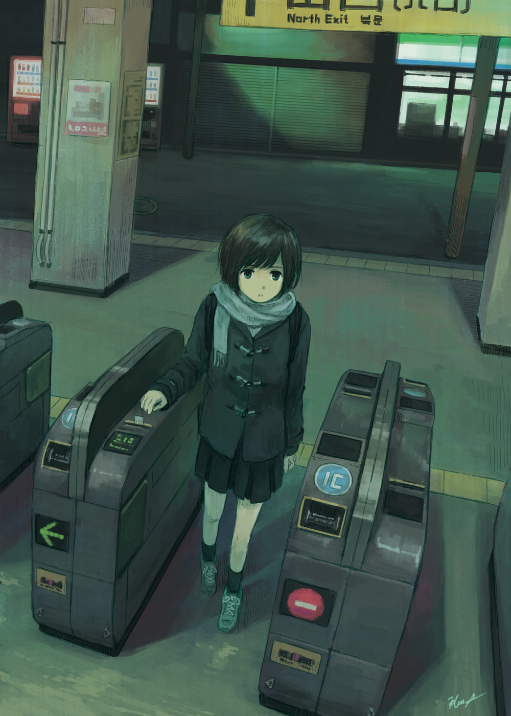 1girl, artist_name, backpack, bag, bangs, black_backpack, black_legwear, black_skirt, bob_cut, brown_eyes, brown_hair, coat, commentary, dark, duffel_coat, exit_sign, expressionless, familymart, from_above, grey_coat, grey_scarf, hand_up, highres, kensight328, looking_ahead, original, pillar, pleated_skirt, road, scarf, scenery, shoes, short_hair, shutter, sign, signature, skirt, sneakers, socks, solo, street, ticket, toggles, train_station, turnstile, vending_machine, walking