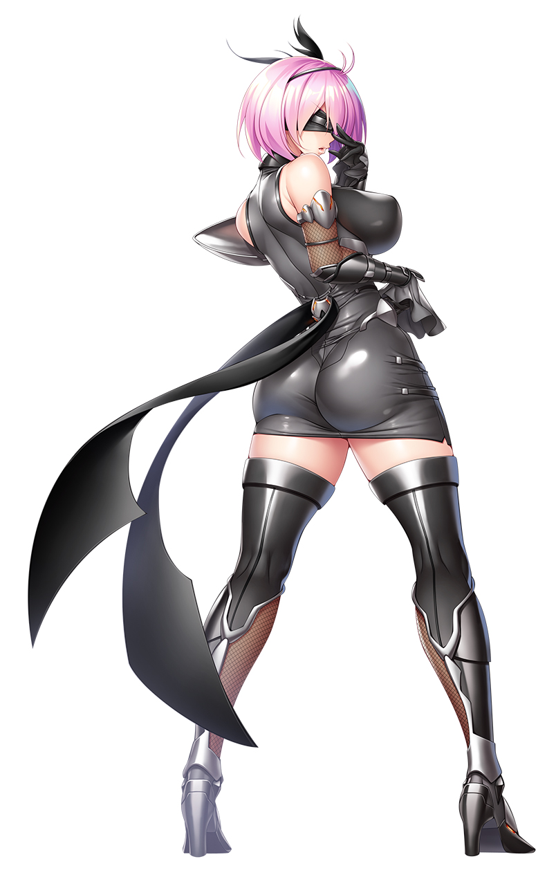 1girl, ahoge, aoi_nagisa_(metalder), bare_shoulders, black_dress, black_footwear, blindfold, boots