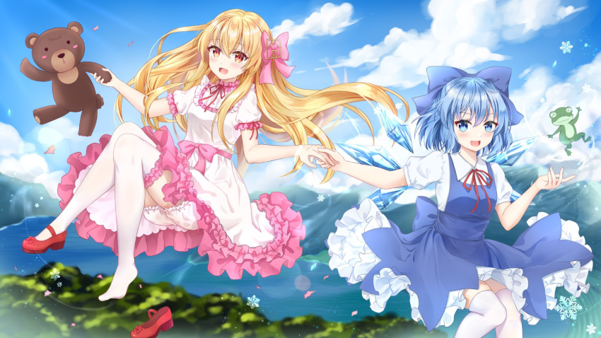 2girls, blonde_hair, blue_dress, blue_eyes, blue_hair, blue_ribbon, blush, bow