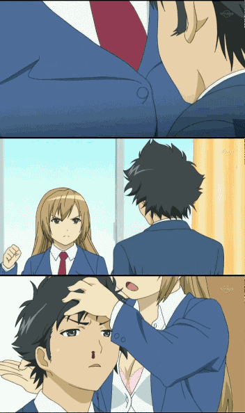 animated_gif, breasts, cap, chop, cleavage, gif, minami-ke, minami_haruka, minami_natsuki, punch, punching, school_uniform, screencap