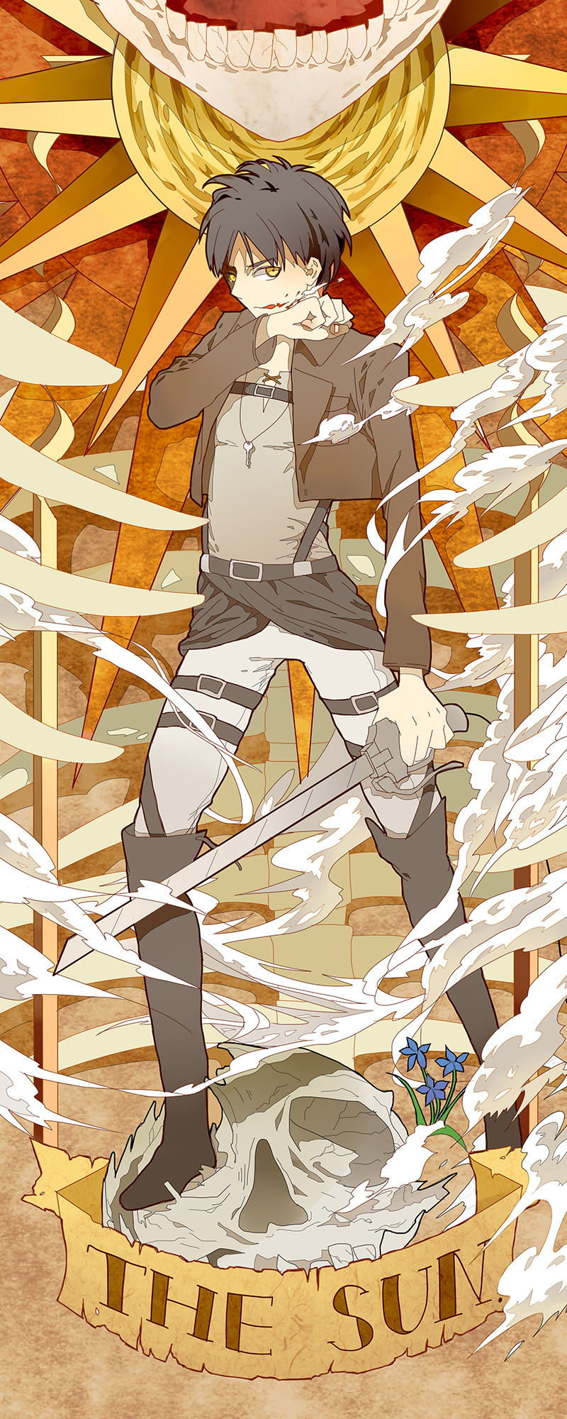 1boy, belt, boots, brown_hair, dust, eren_yeager, full_body, highres