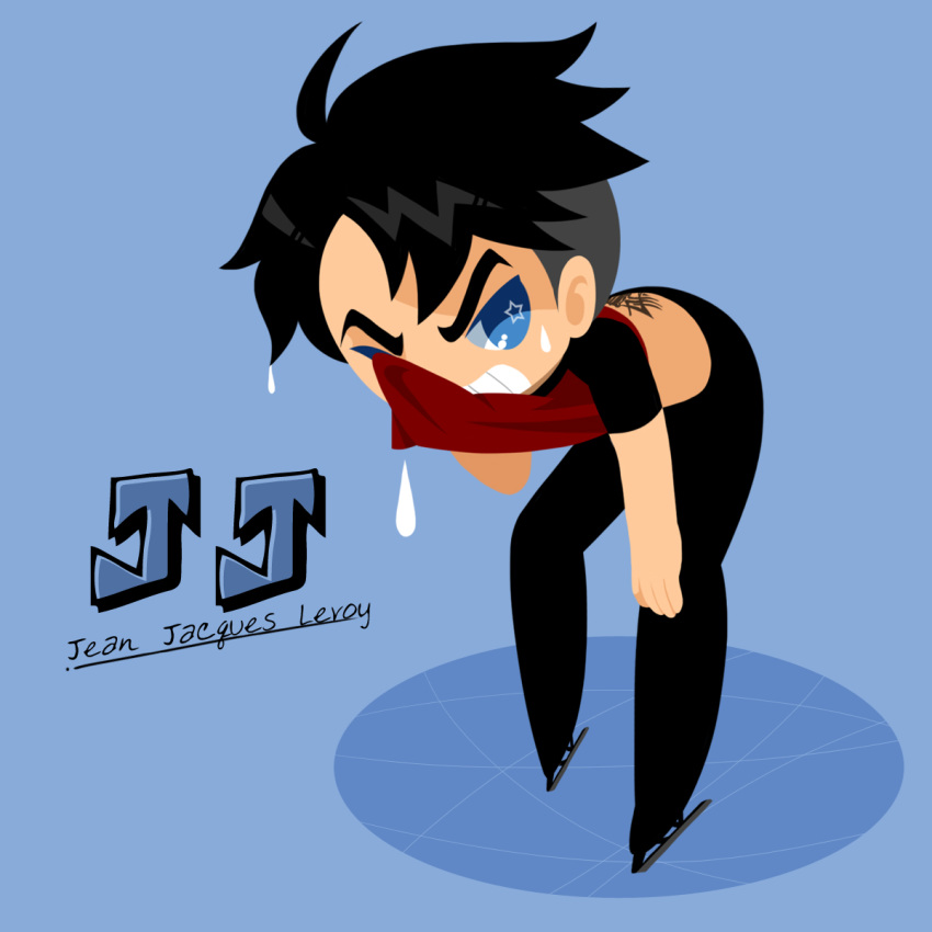 1boy, black_hair, black_pants, blue_background, blue_eyes, character_name, clenched_teeth, highres