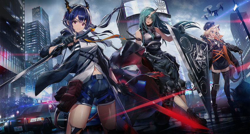 3girls, :d, animal_ears, arknights, arm_ribbon, armor, bangs, bare_shoulders