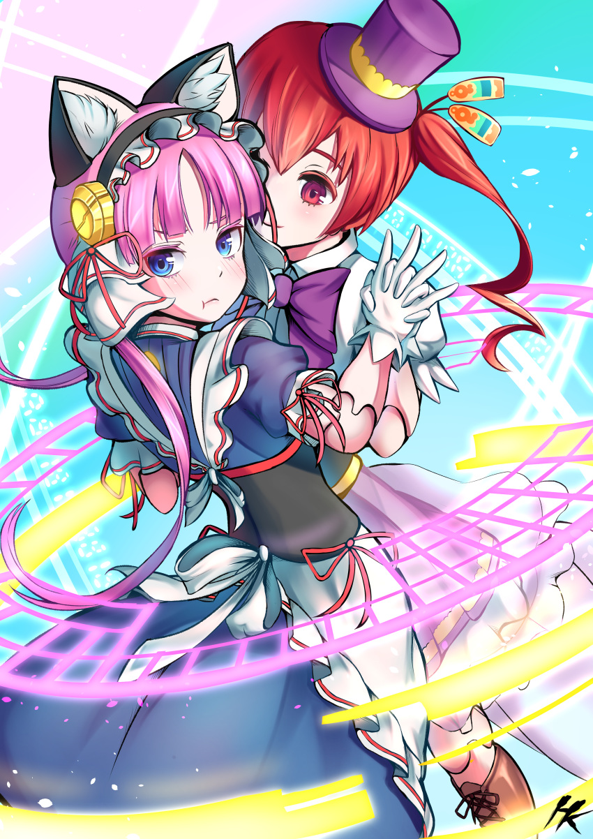 2girls, absurdres, android, animal_ears, apron, bangs, blue_background, blue_eyes