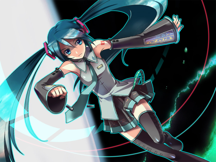 aqua_hair, detached_sleeves, hatsune_miku, headphones, long_hair, microphone, necktie, running