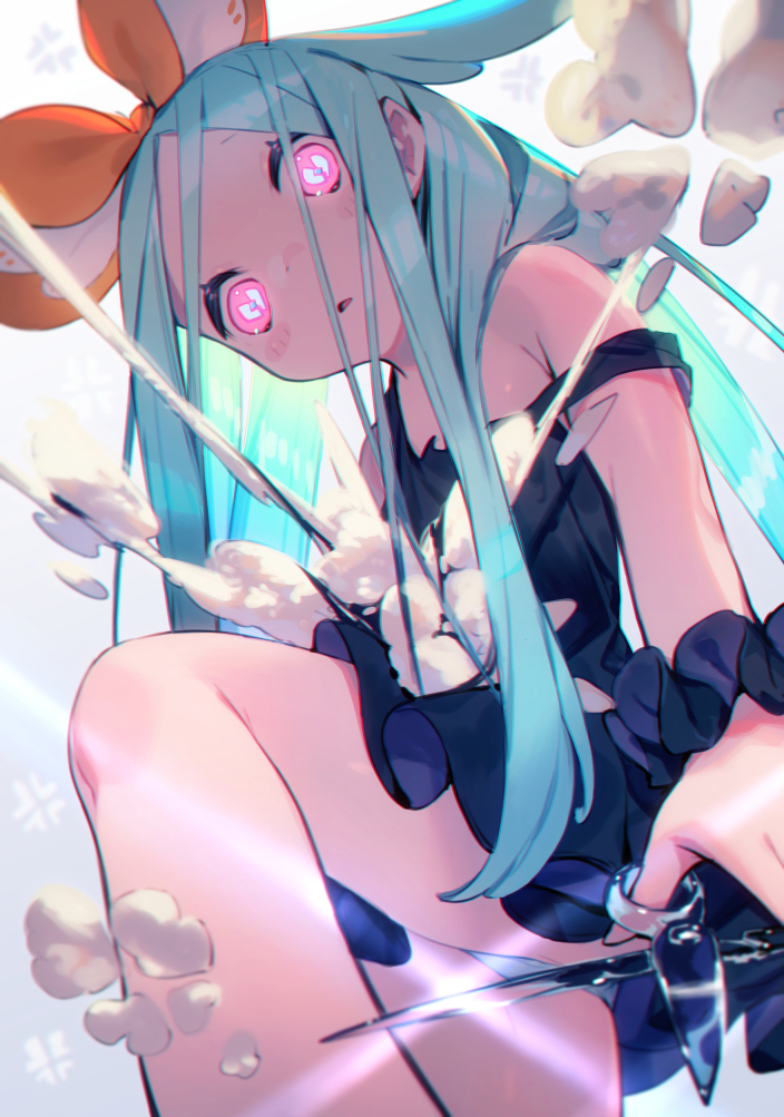 1girl, aqua_hair, bangs, bare_shoulders, black_dress, black_scrunchie, blush, bow, broken_heart, bukurote, carrot_rabbit_(bukurote), clover, commentary_request, dress, four-leaf_clover, glowing, glowing_eyes, hair_bow, heart, heart-shaped_pupils, holding, long_hair, looking_at_viewer, open_mouth, original, panties, parted_bangs, pink_eyes, scissors, scrunchie, shiny, sleeveless, sleeveless_dress, solo, symbol-shaped_pupils, underwear, wrist_scrunchie