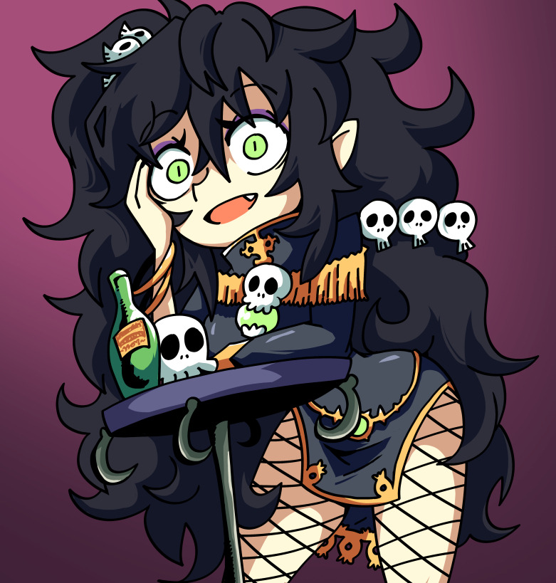 1girl, black_hair, bottle, commission, fang, green_eyes, hair_ornament, hand_on_own_face, kugasari-san, leaning_on_object, looking_at_viewer, open_mouth, original, purple_background, purple_eyeshadow, setz, skull, skull_hair_ornament, smile, solo, table