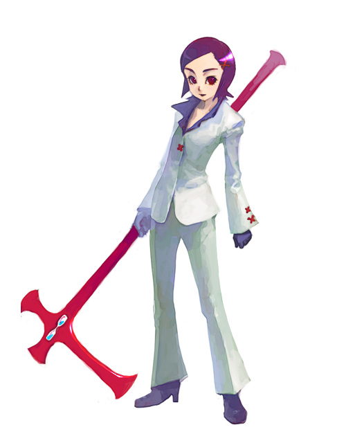 formal, pant_suit, pole_axe, polearm, red_eyes, short_hair, simple_background, suit
