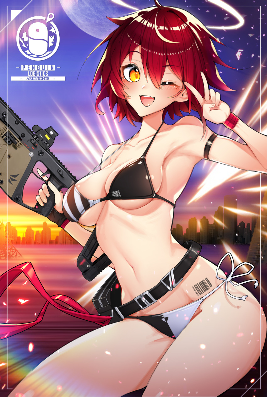 1girl, ;d, absurdres, arknights, arm_strap, armpits, bangs, barcode