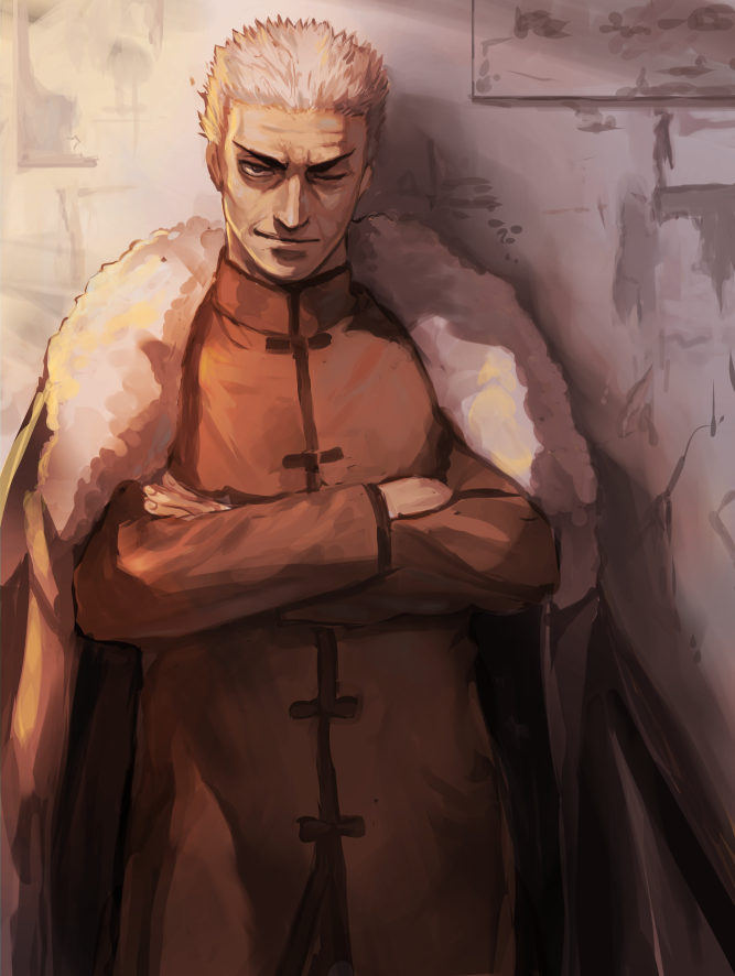1boy, age_difference, cape, changpao, chinese_clothes, closed_mouth, collar, crossed_arms
