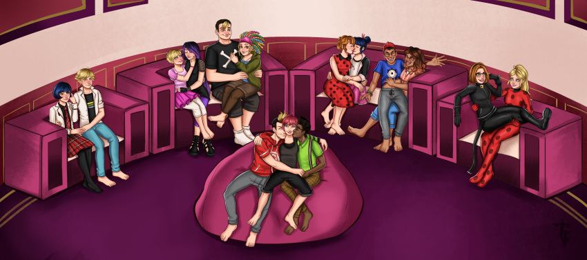 absurdres, adrien_agreste, aerodynamict, alix_kubdel, alya_cesaire, armchair, bean_bag_chair, chair, chat_noir, chat_noir_(cosplay), chloe_bourgeois, commission, commissioner_upload, cosplay, couch, couple, highres, huge_filesize, ivan_bruel, juleka_couffaine, kagami_tsurugi, le_chien_kim, marinette_dupain-cheng, max_kante, miraculous_ladybug, multiple_boys, multiple_girls, mylene_haprele, nino_lahiffe, polygamy, rose_lavillant, sabrina_raincomprix, tagme, tikki_(miraculous_ladybug)