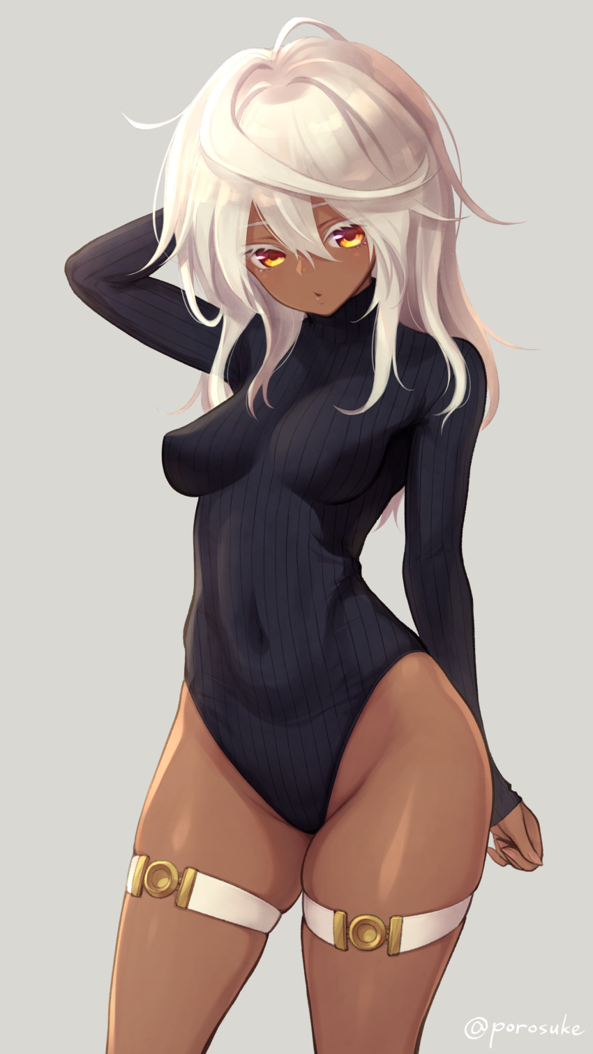 1girl, absurdres, animal_ears, arm_behind_head, blue_background, breasts, covered_navel, covered_nipples, dark_skin, guilty_gear, hair_between_eyes, highres, jouyama_yui, long_hair, looking_at_viewer, ramlethal_valentine, simple_background, sleeves_past_wrists, thigh_strap, turtleneck_leotard, white_hair, yellow_eyes