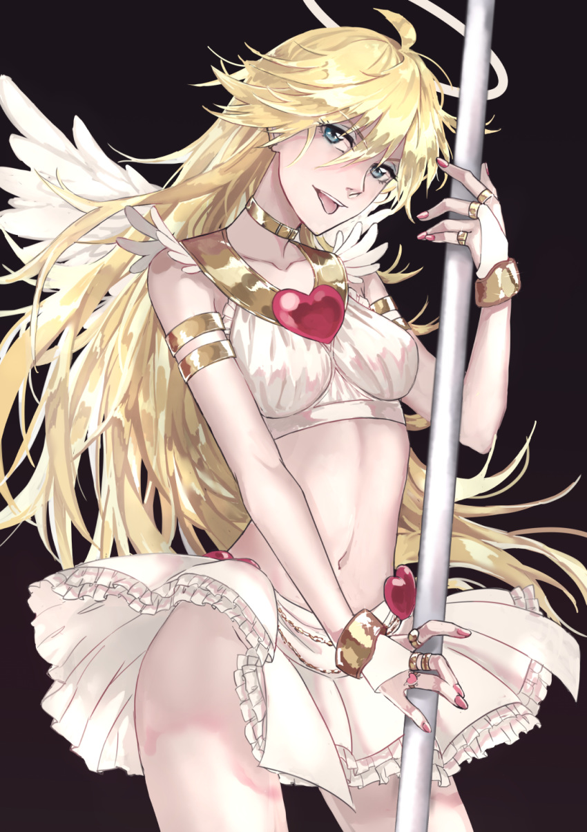 1girl, :p, angel, angel_wings, blonde_hair, blue_eyes, breasts, cowboy_shot