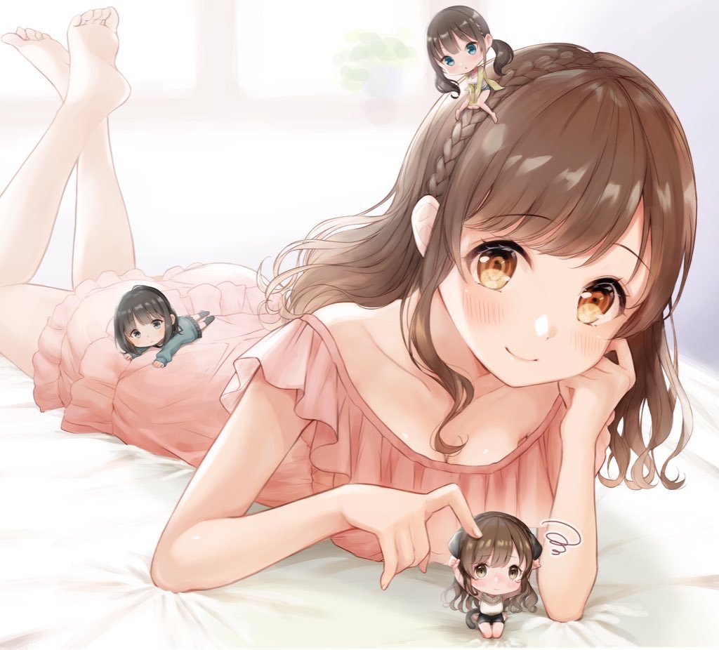 4girls, animal_ears, arm_support, arms_up, bangs, barefoot, black_footwear, black_hair, black_skirt, blue_eyes, blue_sweater, blurry, blurry_background, braid, brown_eyes, brown_hair, buruma, chibi, clenched_hands, commentary_request, depth_of_field, french_braid, head_on_hand, head_tilt, leg_lift, long_hair, looking_at_viewer, low_twintails, lying, minigirl, mouse_ears, mouse_tail, multiple_girls, on_bed, on_head, on_stomach, original, pajamas, partial_commentary, person_on_back, person_on_head, pink_pajamas, plant, pleated_skirt, potted_plant, short_hair, sitting, sitting_on_person, skirt, sleeveless, sleeveless_turtleneck, smile, squiggle, sweater, tail, the_pose, thigh-highs, turtleneck, twintails, utaka_(anyoanyot), white_sweater, window