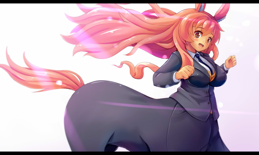 1girl, :d, animal_ears, black_jacket, black_neckwear, black_pants, breasts, brown_eyes