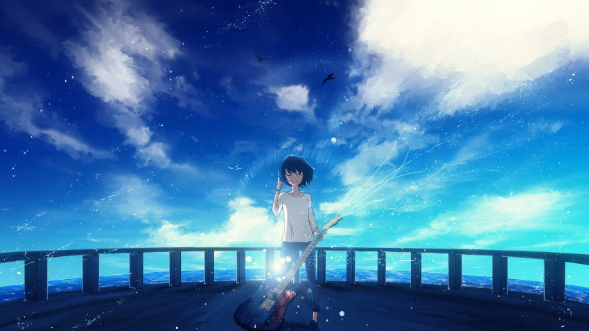 1girl, adjusting_hair, bangs, bird, black_hair, blue_sky, closed_eyes, clouds