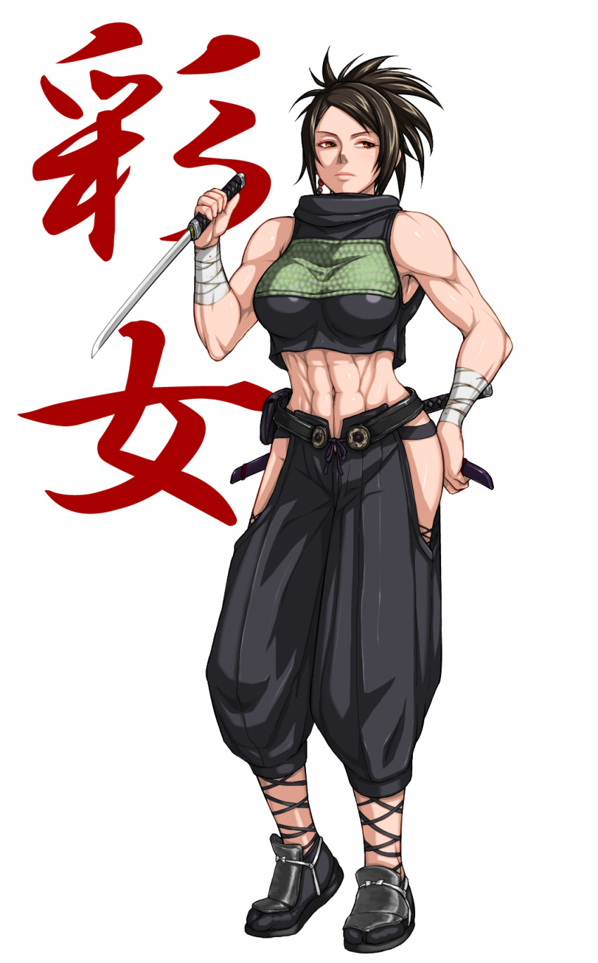 1girl, abs, ankle_socks, ayame_(tenchu), bandaged_wrist, black_footwear, black_hair, black_legwear
