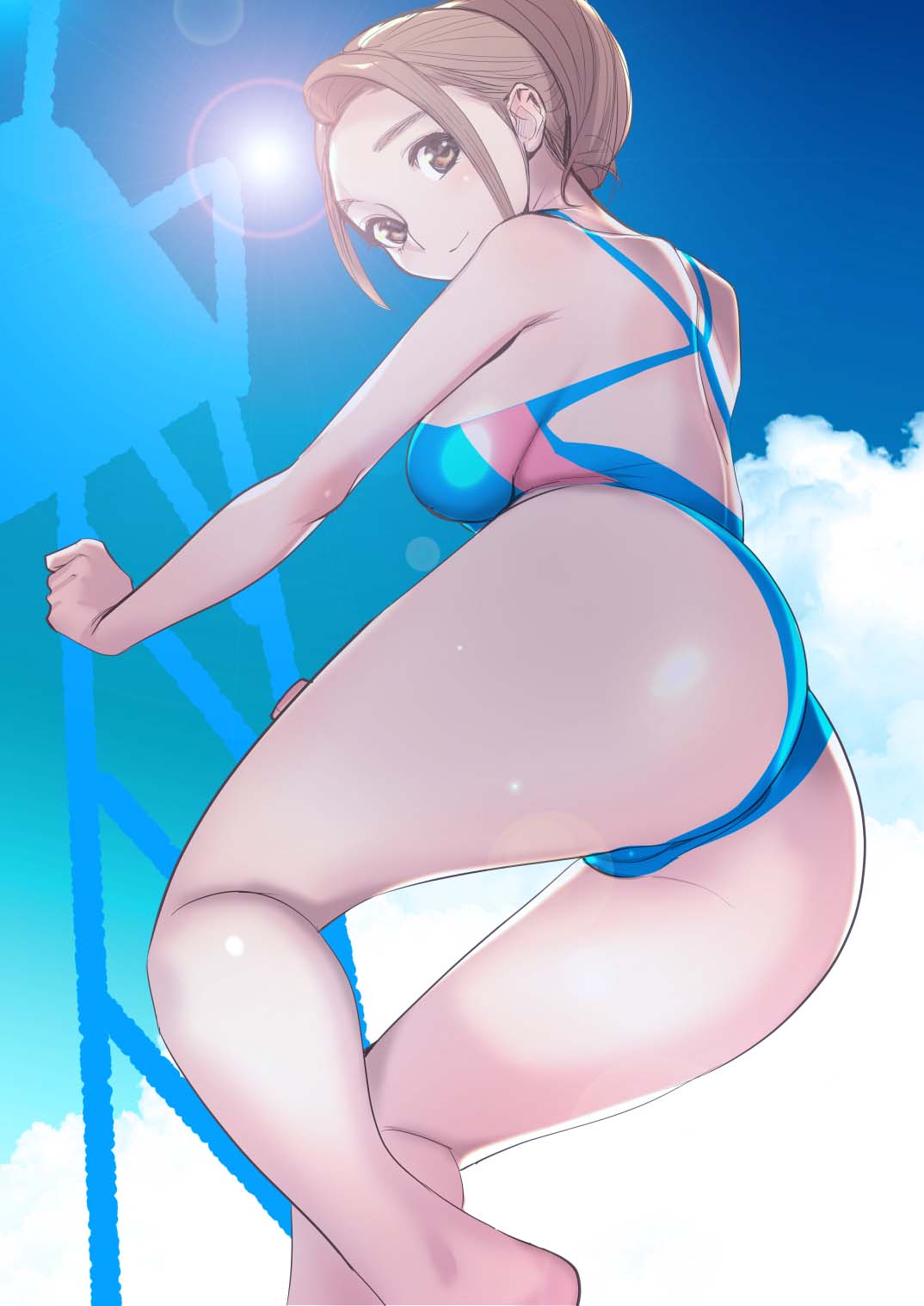 1girl, ass, blue_sky, blue_swimsuit, breasts, brown_eyes, brown_hair, butt_crack