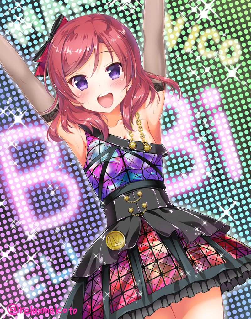 1girl, :d, \o/, armpits, arms_up, black_gloves, breasts, character_name