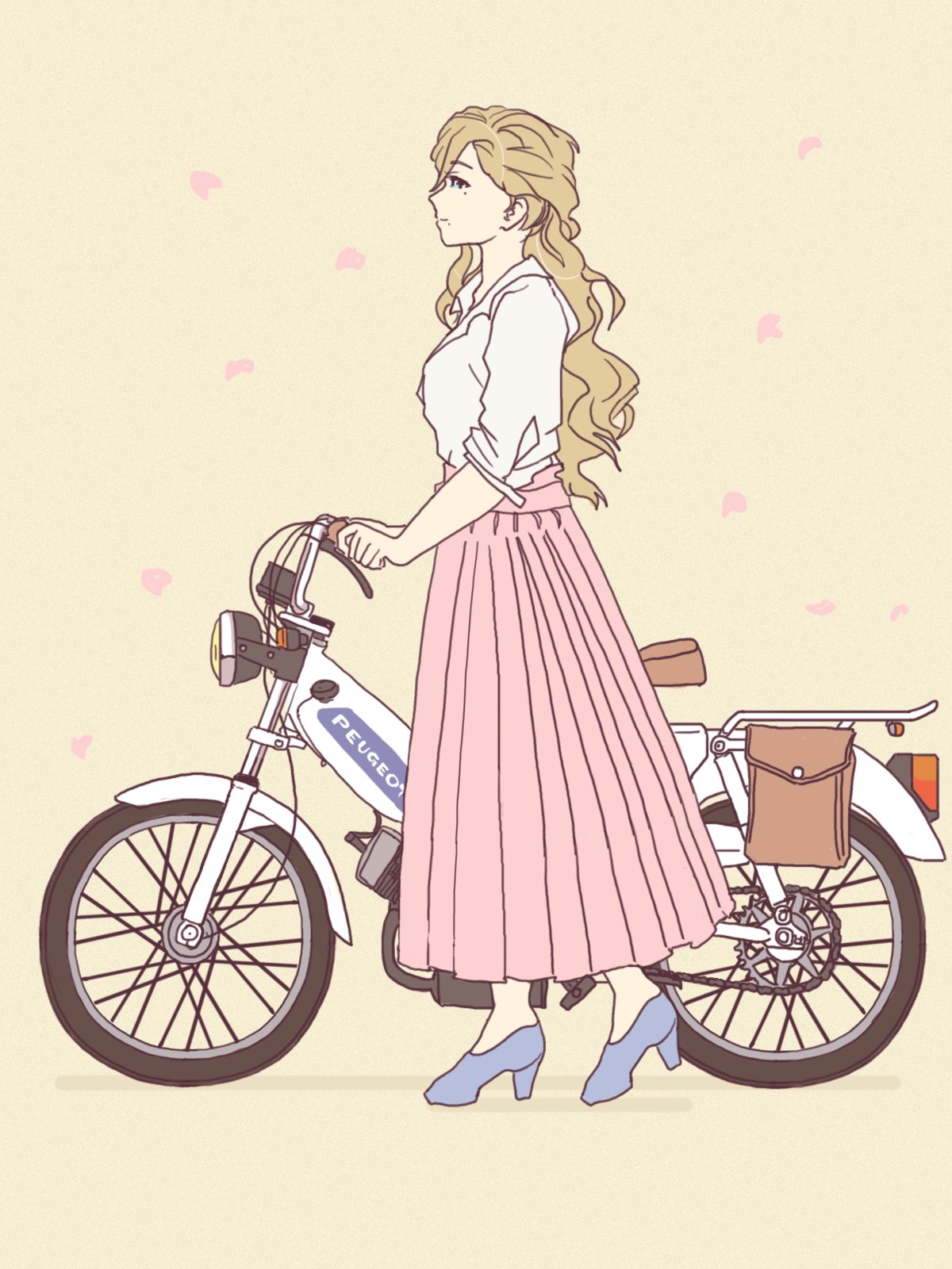 1girl, bangs, bicycle, blonde_hair, blue_eyes, blue_footwear, breasts, from_side