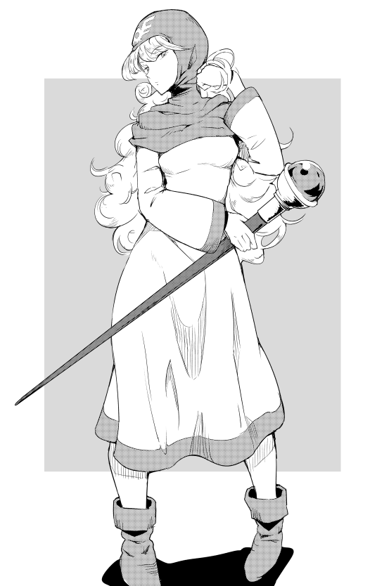1girl, breasts, closed_mouth, curly_hair, dragon_quest, dragon_quest_ii, dress, hood, kamishakujii_(poppenheim), long_hair, long_sleeves, looking_at_viewer, monochrome, princess_of_moonbrook, simple_background, solo, staff, weapon, white_background