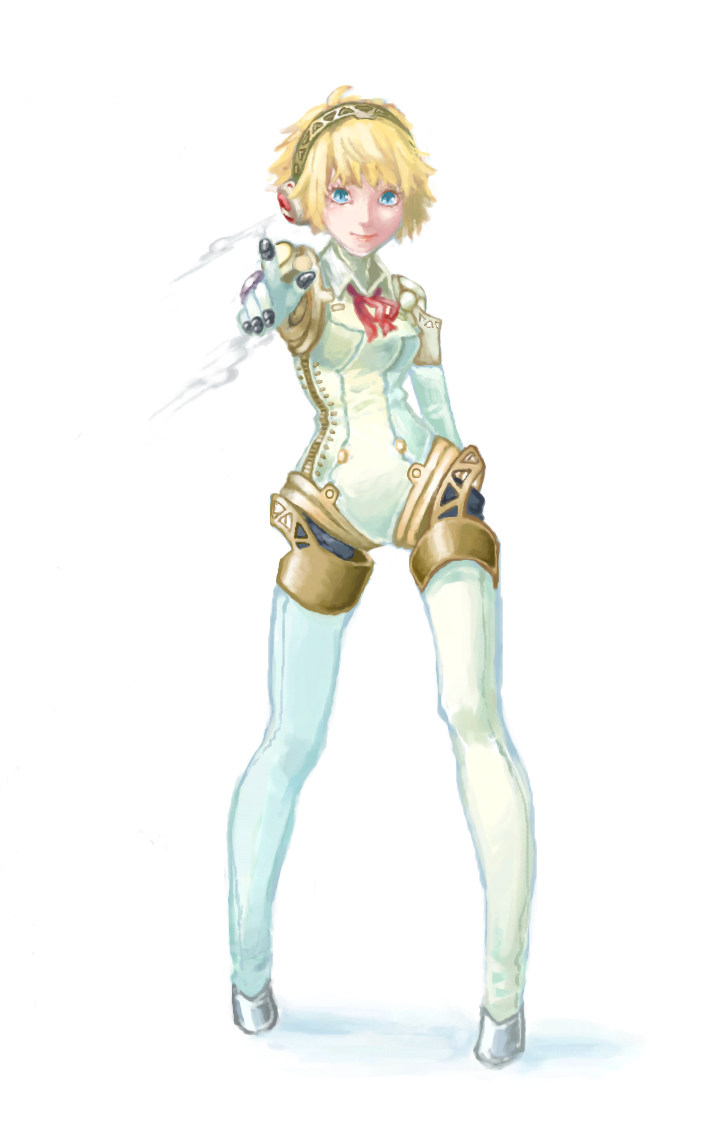 1girl, aegis_(persona), ajomo, android, blonde_hair, blue_eyes, bow, breasts