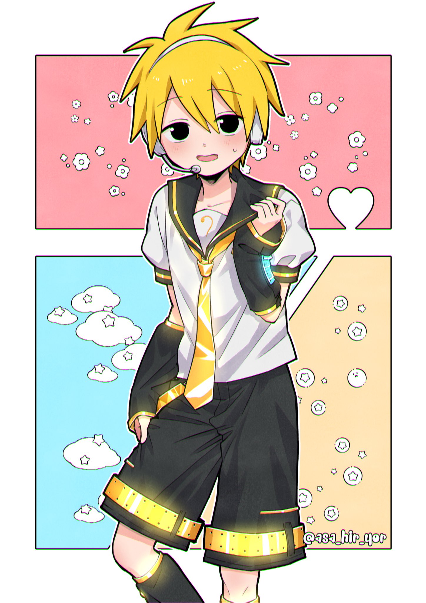 1boy, asa_hir_yor, bass_clef, black_eyes, blonde_hair, blush, clouds, detached_sleeves