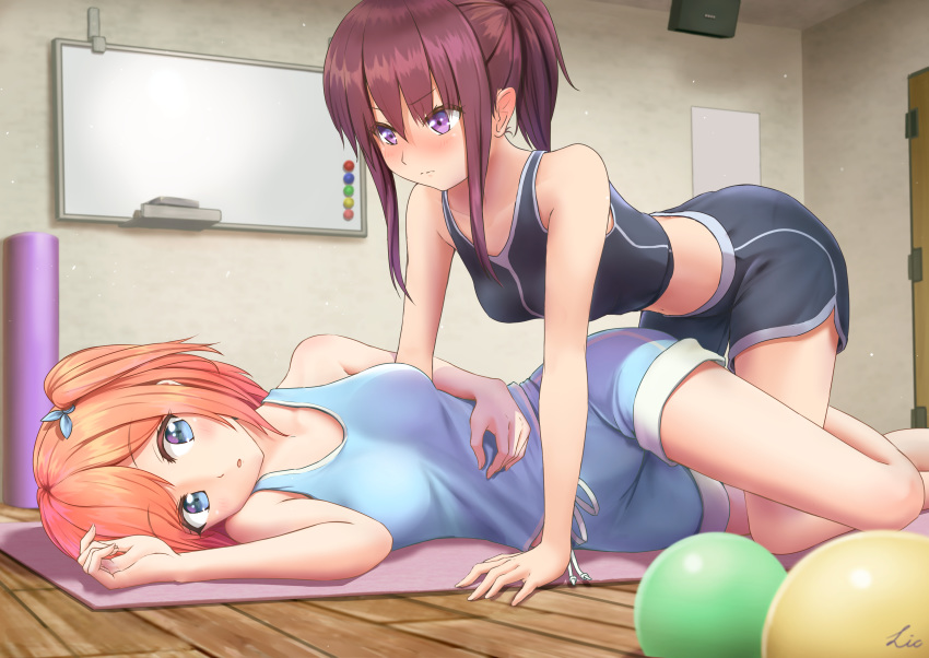 2girls, absurdres, bangs, bare_shoulders, black_shirt, black_shorts, blue_eyes, blue_shirt