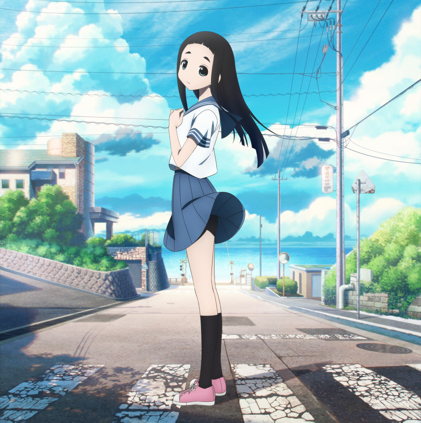 1girl, black_hair, black_legwear, blouse, blue_eyes, blue_sailor_collar, blue_skirt, blue_sky