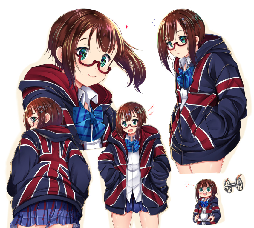 +++, 1girl, :d, black_jacket, blue_bow, blue_skirt, blush, bow
