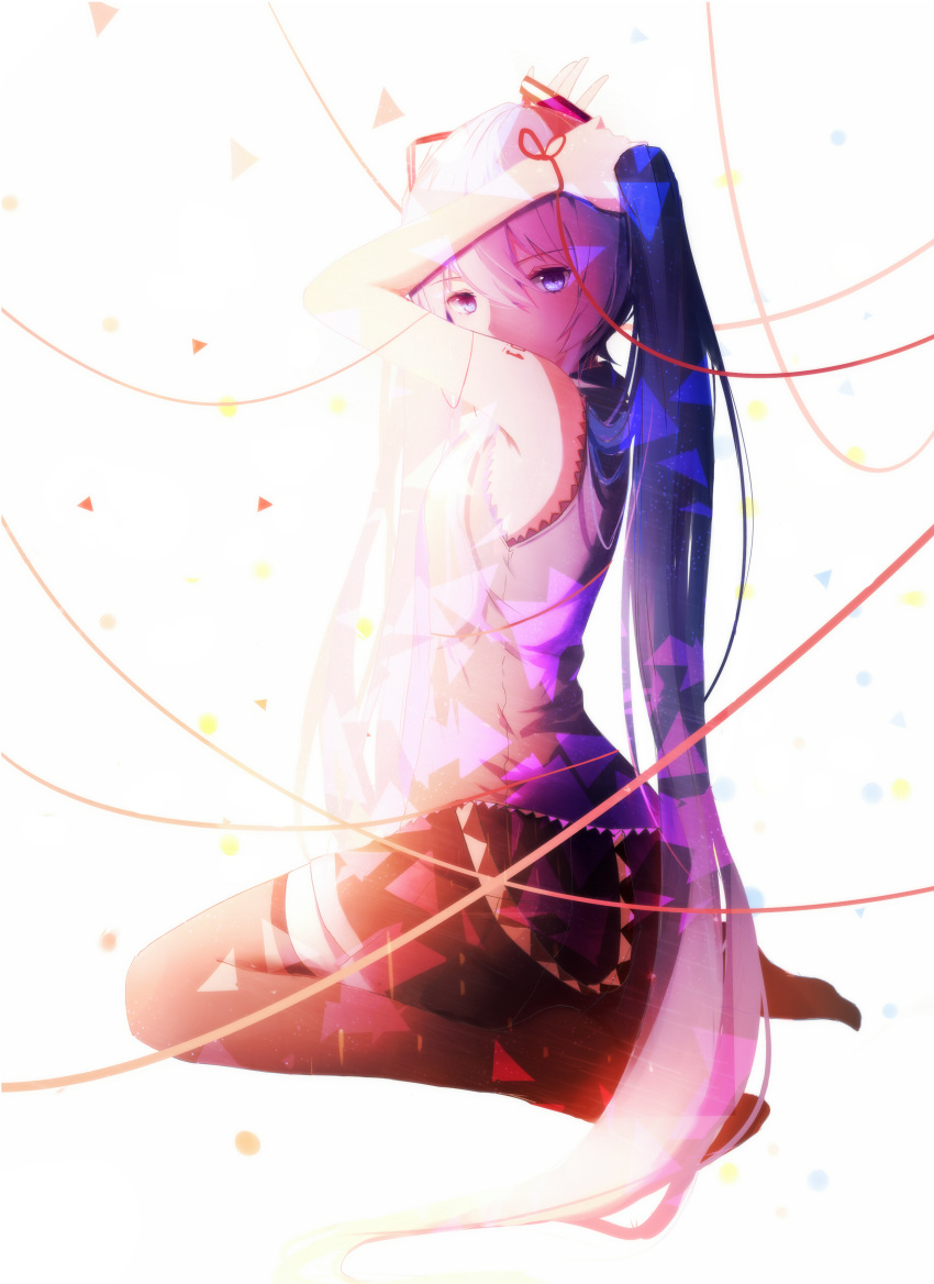 1girl, absurdres, bare_shoulders, black_legwear, black_skirt, blue_eyes, blue_hair, chinese_commentary