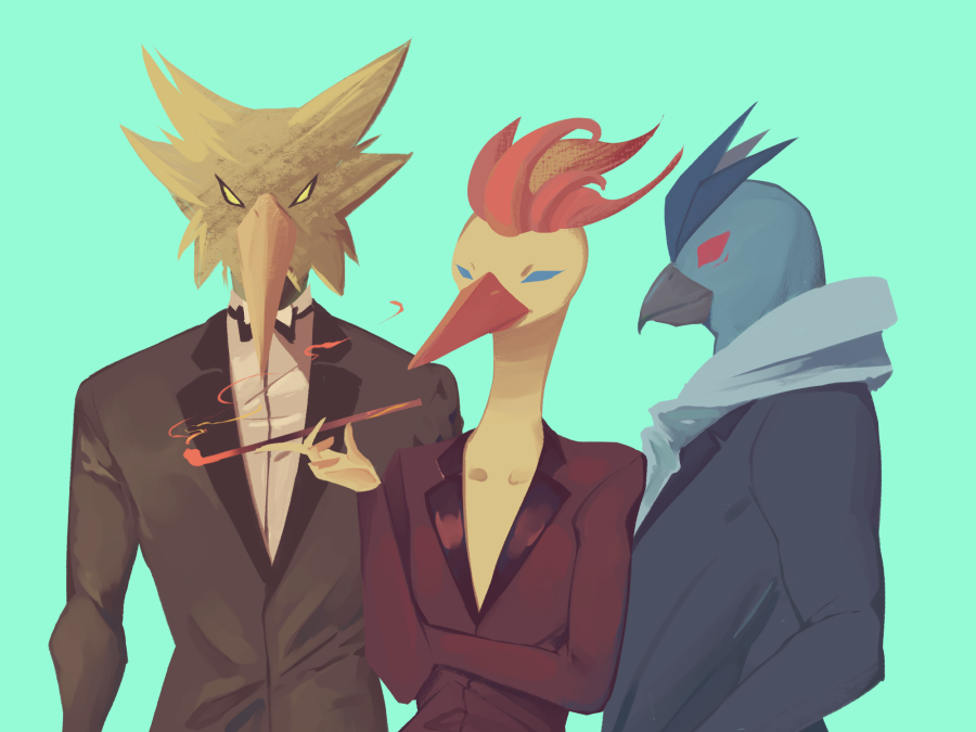 articuno, black_neckwear, black_suit, blank_eyes, blue_eyes, bow, bowtie, gen_1_pokemon, holding, holding_pipe, legendary_pokemon, looking_at_viewer, moltres, numina, pipe, pokemon, red_eyes, smoking, standing, upper_body, yellow_eyes, zapdos