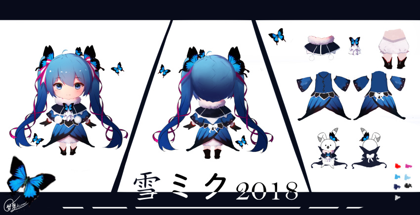 1girl, 2018, absurdres, bloomers, blue_butterfly, blue_capelet, blue_dress, blue_eyes